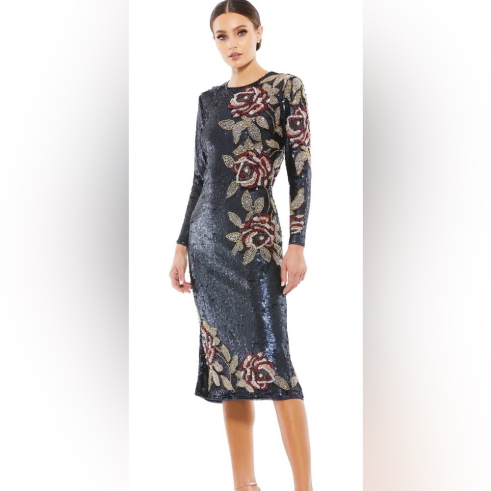 Mac Duggal sequined assymetrical long sleeve floral midi dress blue